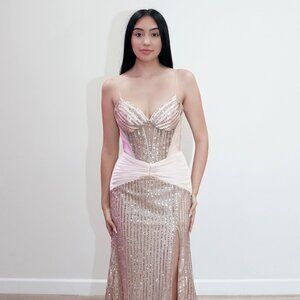 New Sleeveless Sheath Sequins Embellished Long Gown w/ Pleated Details JT2726H